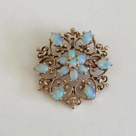 Vintage 14K Yellow Gold Opal Flower Heart Filigree Scroll Pendant Brooch Pin - Picture 2 of 10